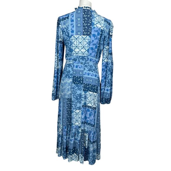 Frye Women's Midi Dress Medium Blue Patchwork Tassel Tie V-Neck Long Sleeve Boho - Picture 7 of 12
